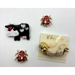 Lot of 4 Vintage Pins‎ Brooches Cow Lady Bugs Angel